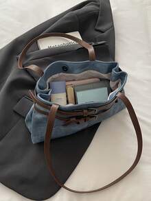1pc Blue Large Capacity Contrast Color PU Tote Bag Women's Shoulder Bag - Blue - View 6