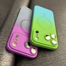 Hadaasi 1pc Green-Blue Magnetic Gradient Dual-Color Liquid Silicone Strong Magnetic Wireless Charging Gradient Jelly Color Camera Lens Film Protection Soft Shell Matte Spray Oil Metal Touch Shockproof Back Cover Fashion Summer Cool Phone Protective Case Compatible With Samsung Galaxy, Compatible With IPhone - Greenish Blue - View 6