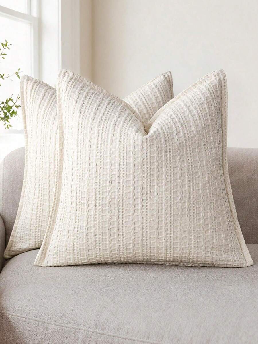 1pc Ivory White (Pillow Insert Not Included) Double-Sided Waffle Texture Throw Pillow Cover, Modern Elegant European Style Cushion Cover, Suitable For Home, Sofa, Bed, Living Room Decor, All Seasons - Ivory - View 1