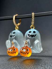 QTHOPE 1 đôi bông tai Halloween hình ma và bí ngô đính đá rhinestone - Ma - Xem 3