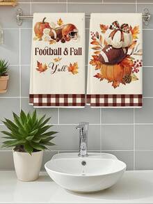 2Pcs Football & Fall Y'all Kitchen Towel Set, Watercolor Pumpkin Football Bow Maple Leaf Brown Buffalo Plaid Border Farmhouse Sports Thanksgiving Dish Hand Towels - Beige - View 1
