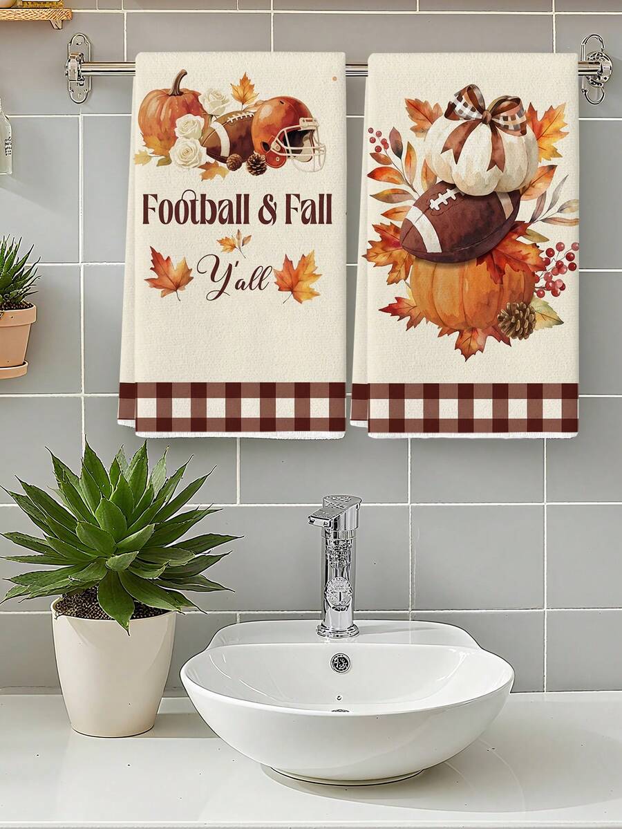2Pcs Football & Fall Y'all Kitchen Towel Set, Watercolor Pumpkin Football Bow Maple Leaf Brown Buffalo Plaid Border Farmhouse Sports Thanksgiving Dish Hand Towels - Beige - View 1