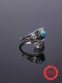 A Fashionable, Vintage And Elegant 925 Sterling Silver Ring With Faux Turquoise Floral Design, Suitable For Women To Wear At Parties, Banquets, Weddings, Holidays And Birthdays, Also Can Be Given As A Gift To Friends And Family - Antique Silver - View 6