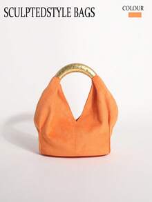 1pc Orange Textured Velvet Ruffled Design Vintage Metal Hardware Handbag, Exquisite Fashion Zipper Bucket Bag Suitable For Commuting And Shopping - Orange - View 8