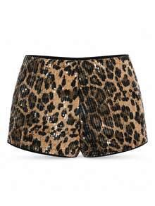 Women's New Leopard Print Beaded Embroidery Casual Everyday Shorts, Versatile For All Seasons, Autumn/Winter Summer, Boho Chic - Coffee Brown - View 4