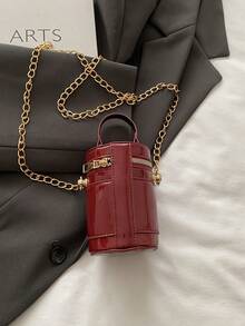 Tas Ember Rantai Kulit Paten Warna Polos Mini, Ukuran Mini, Bisa Digenggam & Diselempangkan, Tas Kosmetik, Tempat Lipstik - Burgundy - View 9