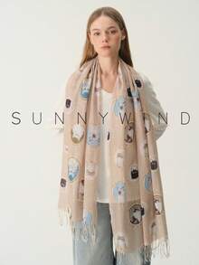 1pc Cute Elegant Sweet Versatile Polyester Printed Scarf With Cat Frame Design For All Seasons Daily Wear - Camel - View 6