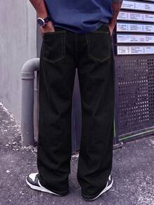 Men's Vintage Black Cow Contrast Stitching Rhinestone Denim Jeans, Loose Straight Leg Long Pants, Street Style Y2K Wavy Stitching - Black - View 5