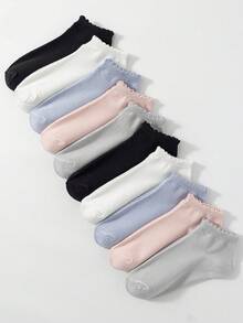 1/5 Pairs Women's Solid Color Short Socks, Fashionable Versatile Short Socks With Design Lace Cuff, Suitable For Daily Wear And Gifting - Multicolor - View 2