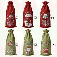 CARRIECUR 6/12/18Pcs Christmas Wine Bottle Gift Bags, Red & Green Linen Drawstring Wine Gift Sacks With Santa Snowman Christmas Tree Pattern, Reusable Xmas Holiday Wine Bottle Wrapping Pouches - Green - View 9