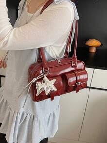 Solid Color Crocodile Embossed Pattern Shoulder Bag, Multi-Pocket Cylindrical Small Body, Easy Storage For Small Items With Zipper Closure, Long Hand-Carry Shoulder Strap With Star And Heart Pendant, Suitable For Commuting, Work, Dating, Shopping And Travel - Burgundy - View 6