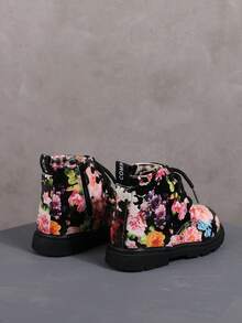 Sepatu Bot Pendek Motif Bunga untuk Anak Perempuan, Bertali, Resleting Samping, Sol Tebal Anti Selip, Motif Bunga Modis - Hitam - View 2