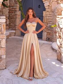 ADYCE Elegant Spaghetti StrapTie-Back High-Slit Fishbone Waisted Backless Bodycon Train Gown Prom Gown Homecoming Wedding Guest Formal Dinner Christmas - Champagne - View 1