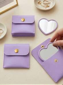 Heart-Shaped Makeup Mirror And Cosmetic Bag Set, Purple Makeup Mirror With Exquisite Matching Cosmetic Bag, Portable Makeup Mirror Set, Suitable For Women, Party Gift, Women Birthday, Holiday Gift - Multi-color - View 7