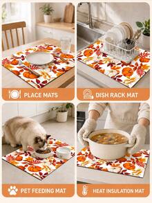 1pc, Dog & Pumpkin Pattern Diatomaceous Earth Kitchen Drain Mat, Absorbent Dish Drying Mat, Coffee Machine Mat, Dishwashing Mat, Sink Mat, Kitchen Countertop Protector, Suitable For Cups, Plates, Tableware & Kitchen Decor - Multicolor - View 6