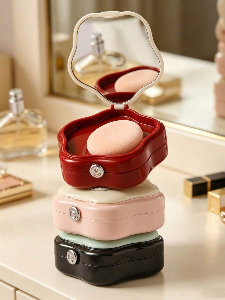 10/3/2/1pc Luxury Style Plastic Five‑Petal Flower Shaped Travel Puff Box With Built‑In Mirror & Flip‑Top Lid Detail,Portable Makeup Puff Storage For Travel Touch‑Up, Cosmetic Puff Holder Case,Suitable For Daily Commute, Vacation, Outdoor Makeup