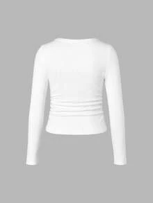 SAOYANGYU Atasan Rajut Putih Wanita Lengan Panjang Kerah Perahu dengan Detail Kerut, Potongan Reguler, Pullover Slim Fit dengan Elastisitas Sedang, Cocok untuk Musim Gugur - Putih - View 5