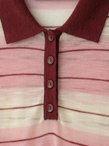 YROOE Women's Pink White Brown Color Block Striped Collared Half-Button Short Sleeve Knit Top, Autumn/Winter - Multicolor - View 7