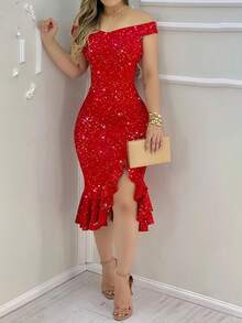 ChicMe Cold Shoulder Beaded Ruffle Slim Fit Midi Dress, Sexy Party Elegant Fashion Outfit - Red - View 7