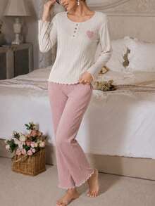 Women's Two-Piece Rib-Knit Pajama Set - Long-Sleeve Button-Detail Top & Matching Trousers - Soft, Cozy Loungewear For Ultimate Relaxation - Pink - View 4