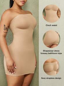 1pc Plus Size Women's Shapewear Abdominal Compression Costume, Flat Tummy Waist Trainer, Butt Lifting Seamless Bodycon Dress - Apricot - View 1