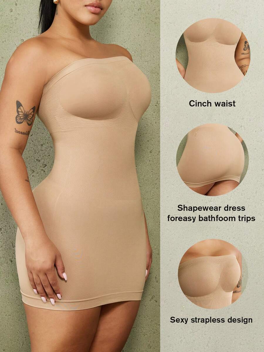 1pc Plus Size Women's Shapewear Abdominal Compression Costume, Flat Tummy Waist Trainer, Butt Lifting Seamless Bodycon Dress - Apricot - View 1