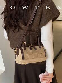 low tea 1pc Contrast Color Fashion Small Bucket PU Fabric Handbag With Adjustable Shoulder Strap, Suitable For Commuting, Shopping, Etc. - Light Khaki - View 9
