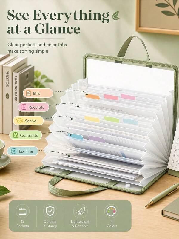 Solid Color 13-Slot Expandable File Organizer, Modern Minimalist Premium PP Material Accordion-Style Rectangular Large Capacity Portable A4/Letter Size Document Classification File Box, Suitable For Home, School, Office, Back To School Season