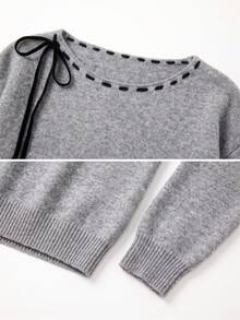 Wixra Women's Off Shoulder Long Sleeve Knit Sweater Contrast Stitch Neck Tie Bow Pullover Top - Grey - View 8