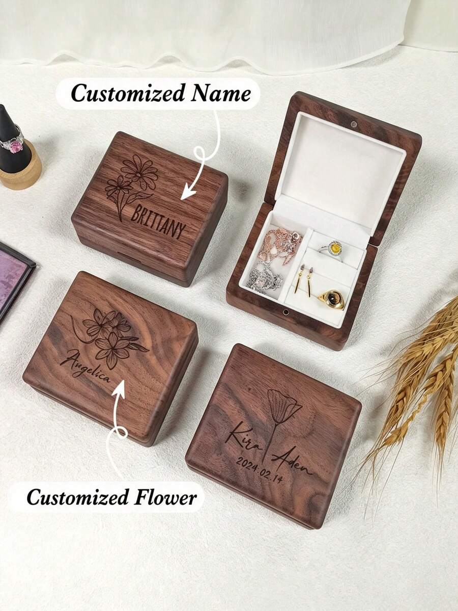 客製化姓名與花卉雕刻木製珠寶盒,便攜式戒指與耳環收納整理盒,伴娘婚禮生日女性禮物 - 棕色 - 查看 1
