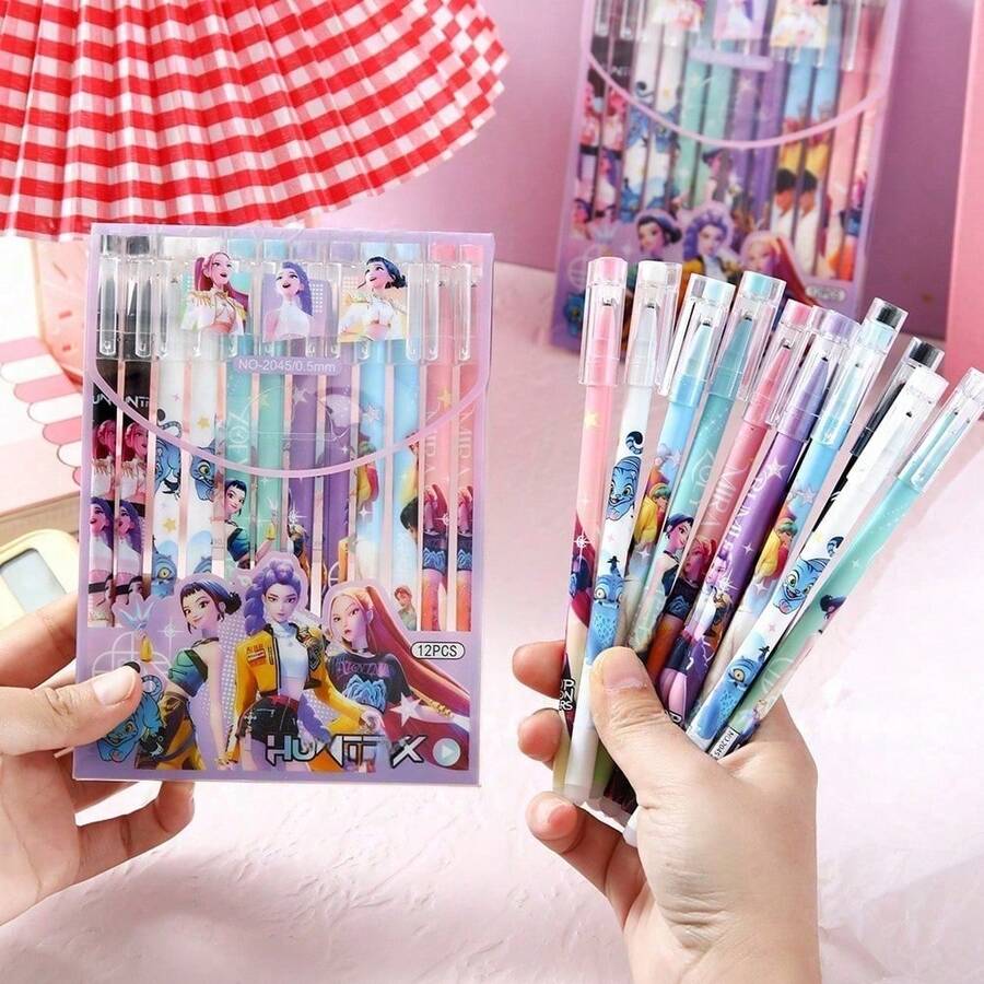 Hasbro 12pcs/Box K-POP Demon Hunter Girl Group Theme Erasable Neutral Pens, Fun Cartoon Design, Smooth Writing, Easy To Erase Clean, High Aesthetic Value, Suitable For Daily Writing And Desktop Decoration, Exquisite Gift Box Packaging, Perfect For Fan Collection, Support, And Holiday Gifts - Upgraded Version - View 1