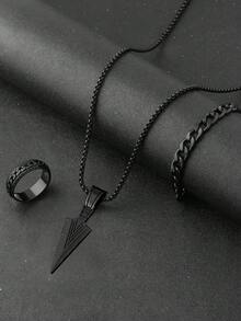 3 件套男士休闲/运动项链、手链和戒指套装，简约链条设计，日常佩戴 - 黑色 - 查看 4