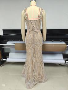 QOQ Women's Sequin Beaded Formal Evening Gown - Beige - View 2