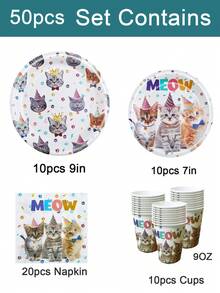 50/10pcs Cat Theme Birthday Party Supplies, Including Cat Paper Plates, Paper Cups And Napkins, Disposable Birthday Plates, Cat Theme Party Supplies, Birthday Decorations, Disposable Cups, Serves 10 People - Multicolor - View 15