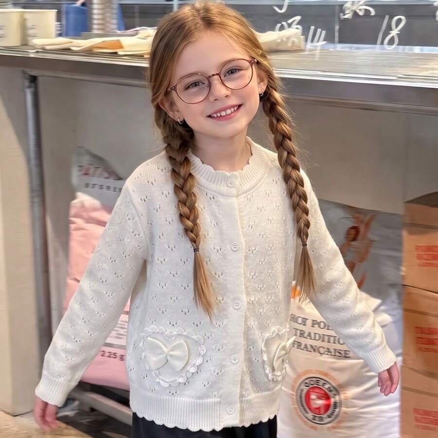 Girls Cardigan Sweater, Tween Girls Bow Decor Pointelle Knit Button Front Top, Long Sleeve Preppy School Outfit, Fall Winter - Apricot - View 1