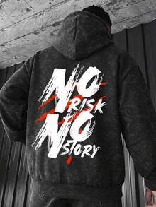 Men's Vintage Washed Distressed Hoodie, Back Graffiti Letter Print, Street Style Loose Drop Shoulder Casual Sweatshirt - Black - View 1