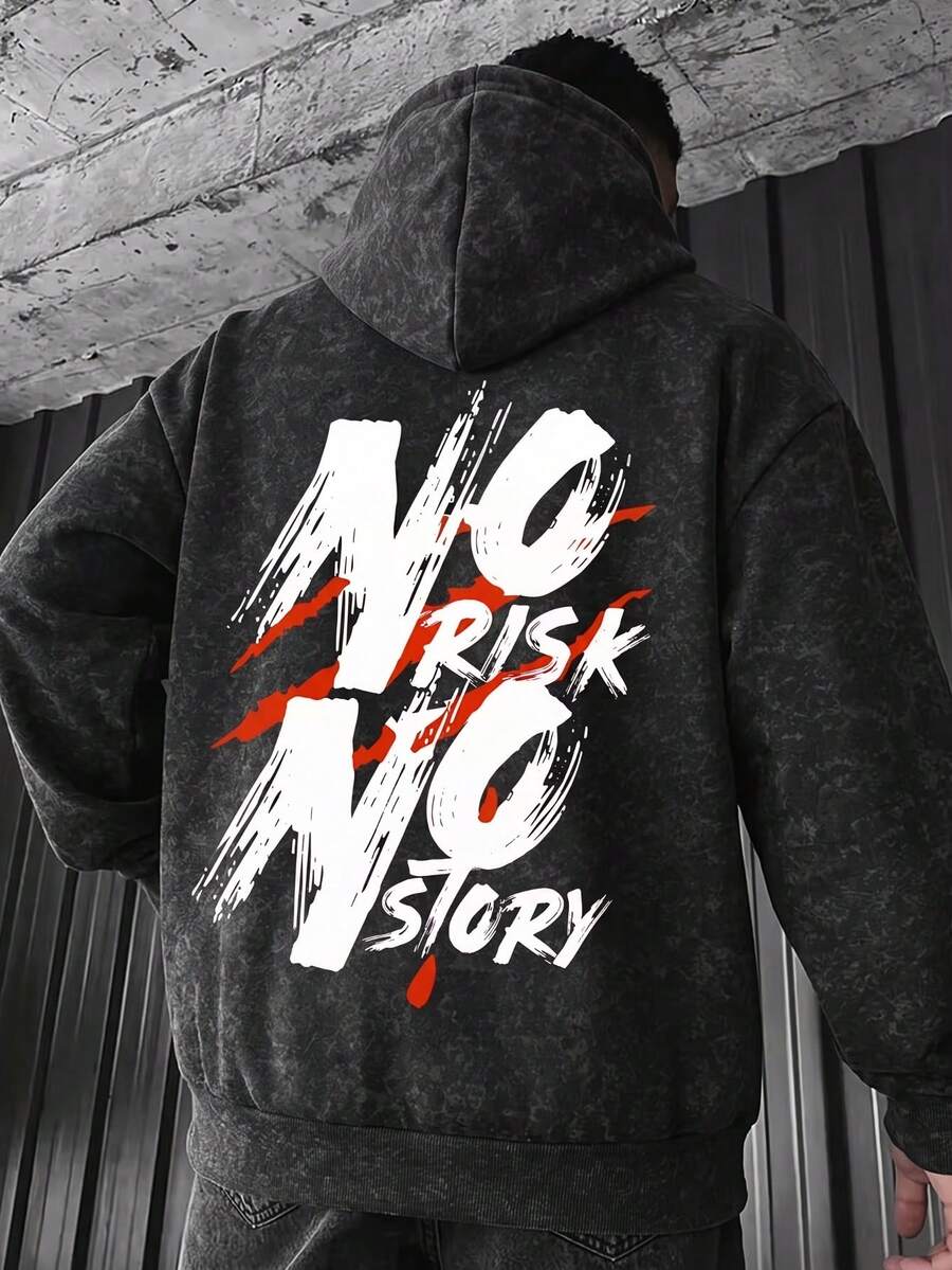 Men's Vintage Washed Distressed Hoodie, Back Graffiti Letter Print, Street Style Loose Drop Shoulder Casual Sweatshirt - Black - View 1