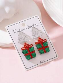 1 Pair Christmas Sparkling Christmas Tree Gift Box Design Women's Fashion Jewelry Earrings, Perfect Gift For Holiday Parties - Green - View 2