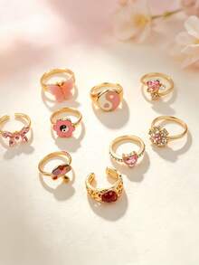 9/18Pcs/Lot Fashion Exquisite Sweet Heart-Shaped Pink Rhinestone Oil Drop Rings For Women Men Holiday Party Gifts Daily Wearing Jewelry Accessories - Pink Rhinestone Cat's Eye Gold Ring - View 6