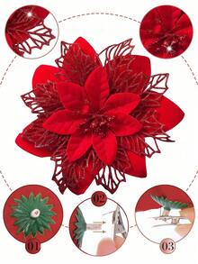 1/10/20/30pcs Shiny Gold Christmas Flower Decor Clips, DIY Holiday & Seasonal Decoration, Suitable For Weddings, Christmas Trees And Parties, Easy To Install, Durable - All Red - View 7