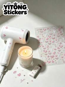 1pc Light Pink Heart Lip Print Bowknot Decorative Sticker, Mini Pearl Chain English Letter Pattern Waterproof Self-Adhesive Decal, Universal For Hair Dryer, Scented Candle, Lighter And Personal Items, Home Decor Atmosphere Enhancement Sticker - Pink Heart Bow - View 1
