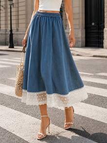 LuminousWealth Spring/Summer New Lace Trim Denim Effect Skirt - Blue - View 2