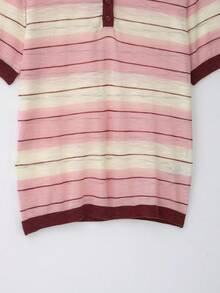 YROOE Women's Pink White Brown Color Block Striped Collared Half-Button Short Sleeve Knit Top, Autumn/Winter - Multicolor - View 6