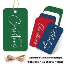48Pcs Minimalist Christmas Gift Tags, Elegant Cursive Script Xmas Hanging Labels With Hemp Rope, Merry Christmas Happy Holidays Paper Gift Tags, Pre‑Punched Hang Tags For Gift Wrapping, Holiday Present, Party Favor - A - View 2