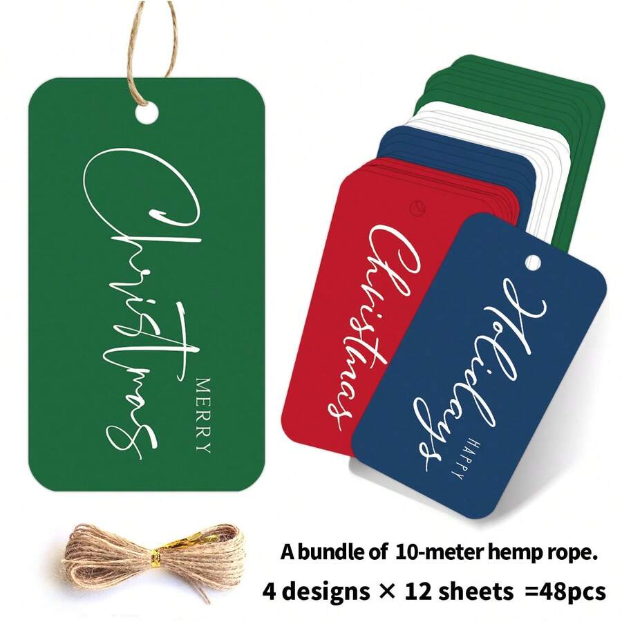 48Pcs Minimalist Christmas Gift Tags, Elegant Cursive Script Xmas Hanging Labels With Hemp Rope, Merry Christmas Happy Holidays Paper Gift Tags, Pre‑Punched Hang Tags For Gift Wrapping, Holiday Present, Party Favor