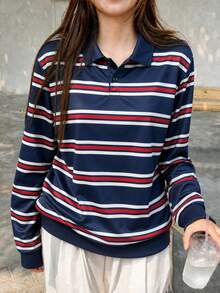 1pc Girls/Teen Girls Back To School Street Minimalist Striped Polo Collar Long Sleeve T-Shirt - Multicolor - View 1