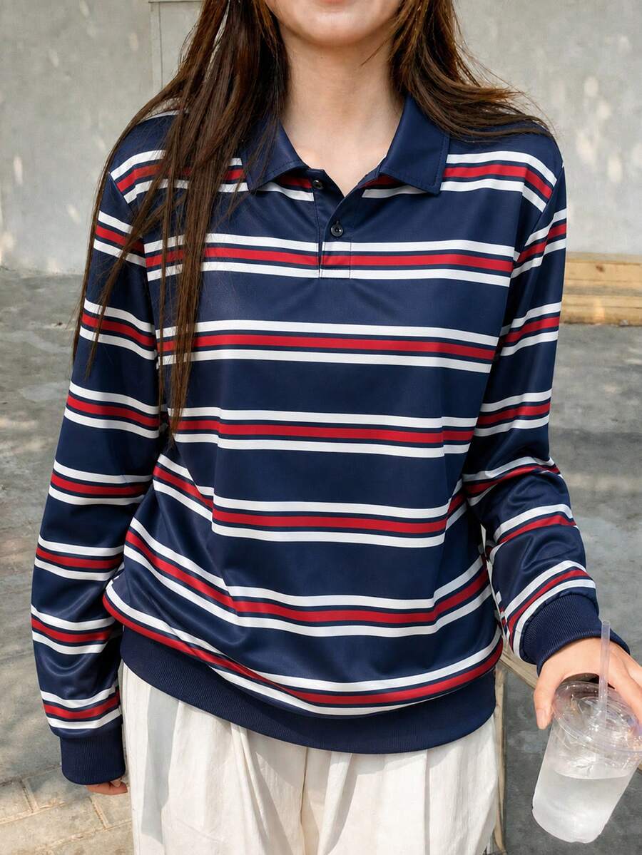 1pc Girls/Teen Girls Back To School Street Minimalist Striped Polo Collar Long Sleeve T-Shirt - Multicolor - View 1