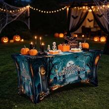 1pc Cartoon Happy Halloween Slogan Print High Elasticity Tablecloth With Elastic Band Full Edge - Stretchable Fit, Washable And Reusable Table Cover Suitable For Dining Table, Buffet Table, Dessert Table, Banquet, Holiday Party Decoration, Halloween, Birthday, Wedding - Suitable For Kitchen Use - Multicolor - View 6