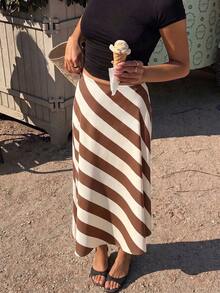 Women's Casual Elegant Pink Striped Print Midi Skirt For Daily, Vacation And Commute - Mocha Brown - View 2