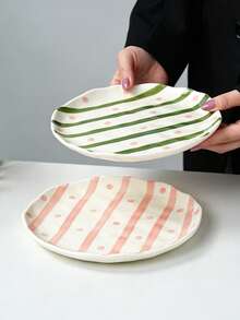 2pcs/1pc Hand Painted Striped & Polka Dot Ceramic Plates Set, Asymmetrical Wavy Rim Dinner Plates, Green Stripe Pink Dot Salad Dessert Serving Dishes, Microwave & Dishwasher , Tableware For Home Kitchen - Multicolor - View 10